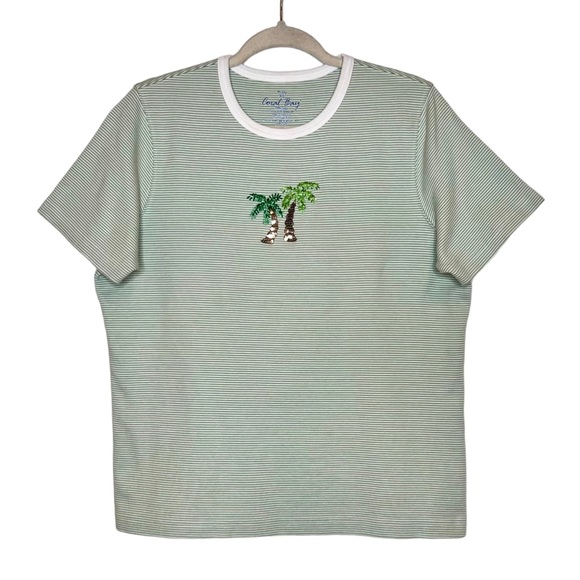 CORAL BAY 100% Cotton Striped T-Shirt with Beaded Palm Trees. Size XL - Picture 1 of 6